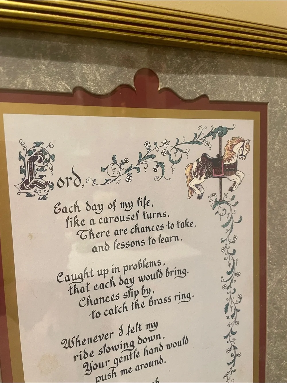 Framed Carousel Poem Wall Art - Gold Frame, Maroon & gold Mat